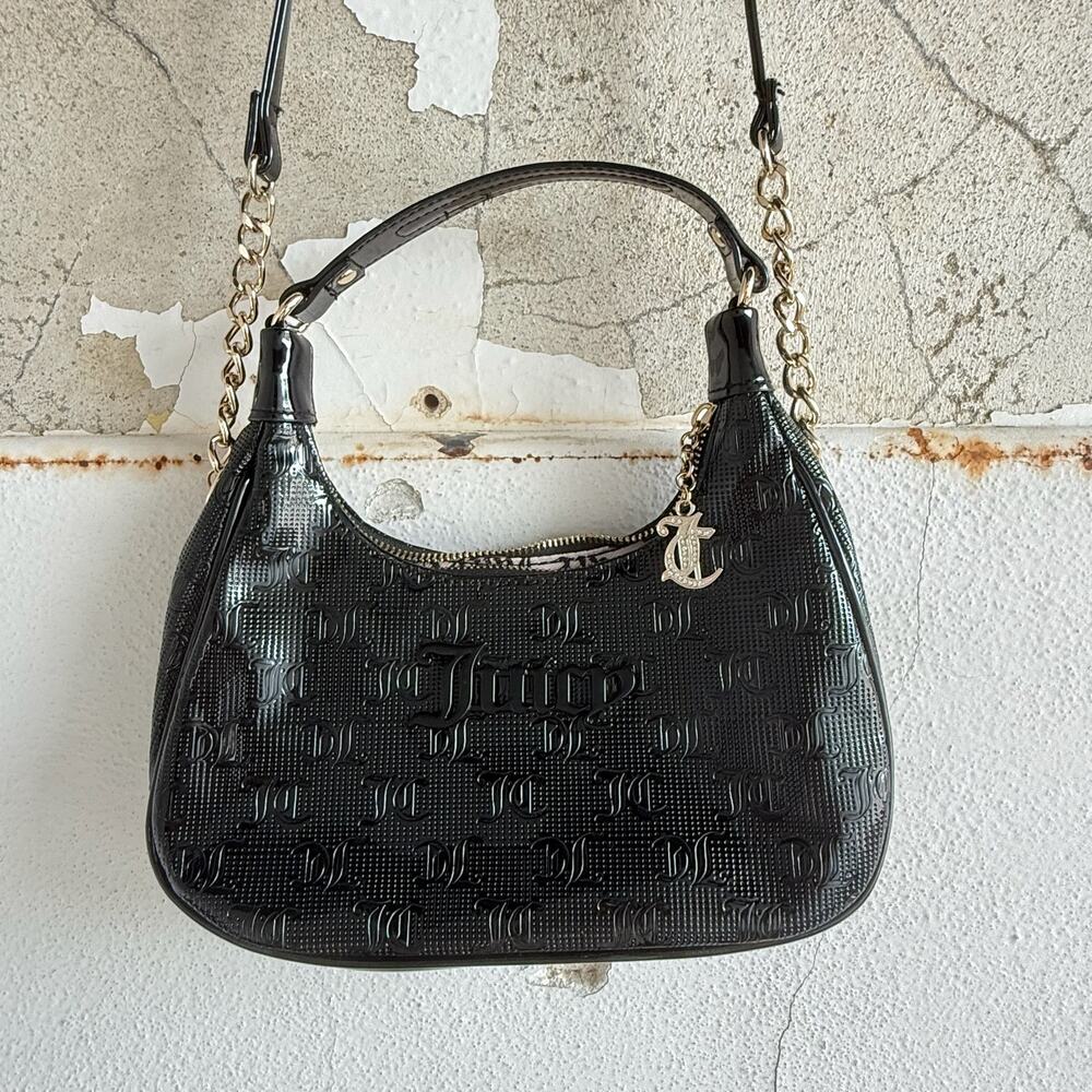 Juicy Couture Bag Black Shiny Logo Shoulder Purse Y2K Chain Strap Bag with Charm